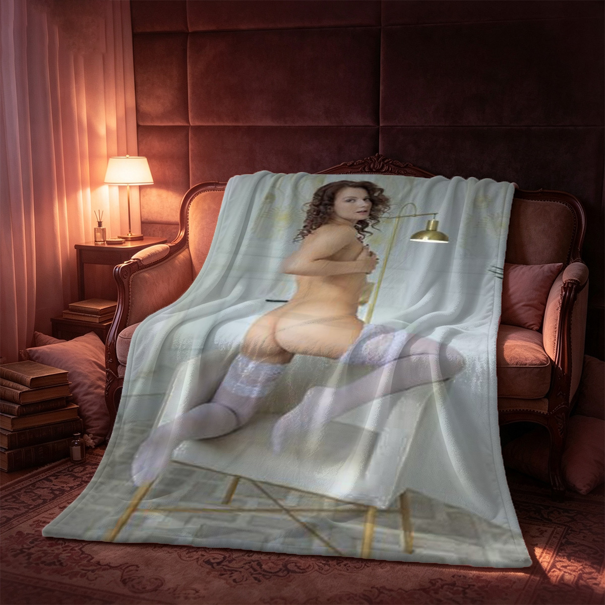 Two Celebrities in Lingerie and Floral Dress Embracing on Glass Table - Blanket