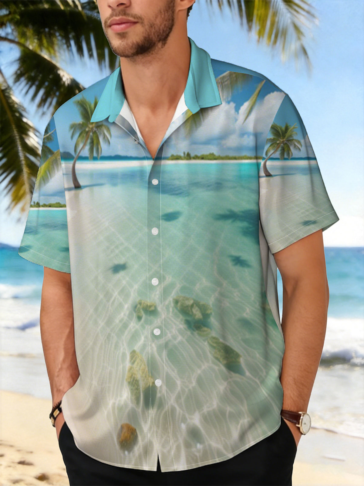 Serene tropical beach with crystal clear water and palm trees -  Shirt