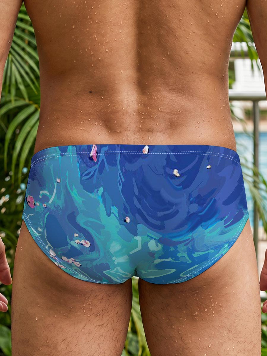 Ducks floating on a vibrant blue pond with scattered petals -  Men's swim trunks