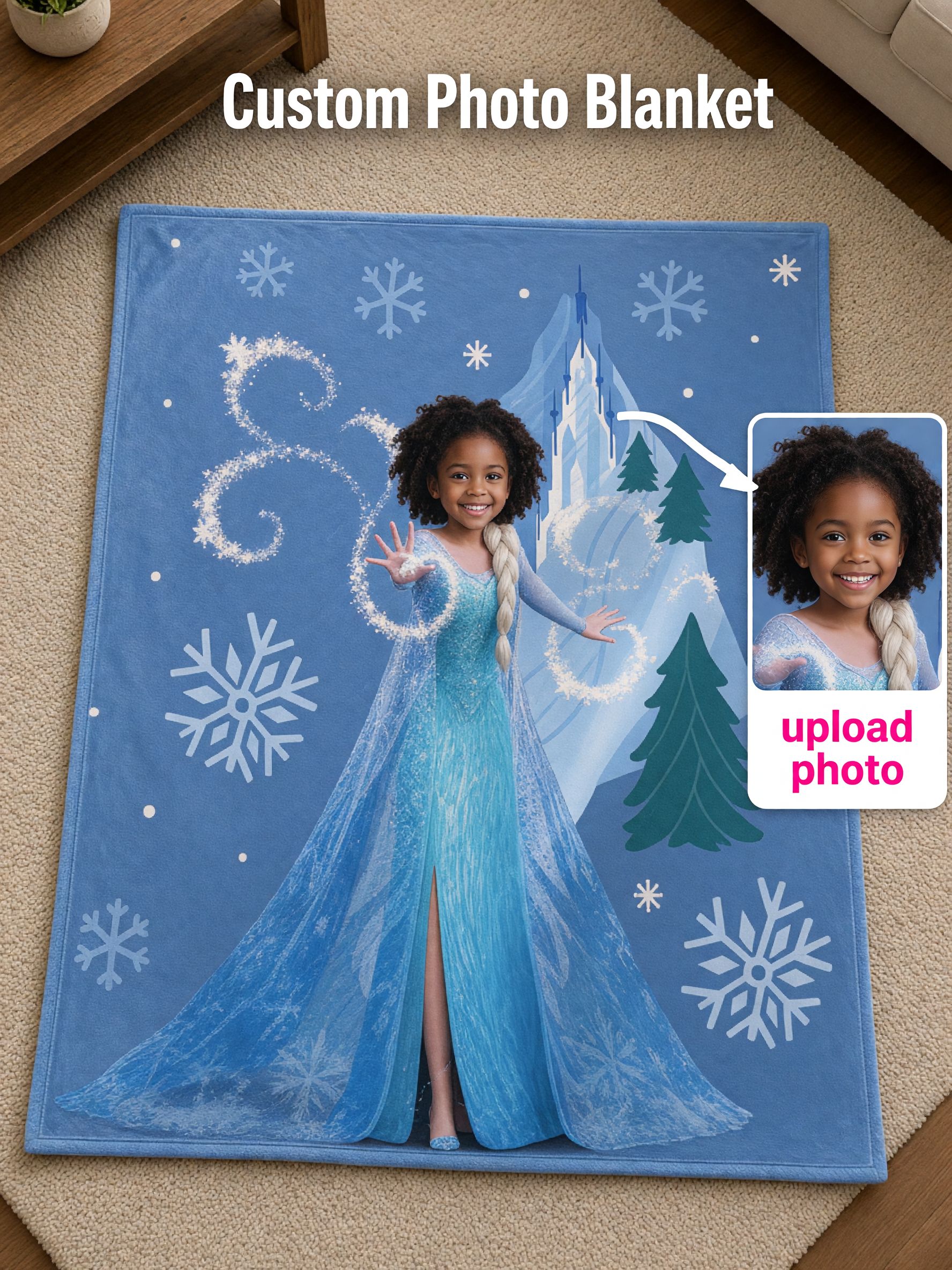 Custom Face Ice Princess Fleece Blanket, Ultra Soft Flannel Throw, Personalized Winter Castle Gift for Girls and Kids
