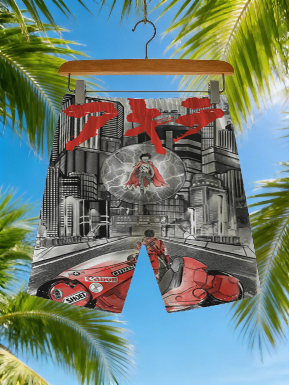 Akira: Neo-Tokyo Rider on a Red Motorcycle with a Floating Figure in a Thunderous Sphere -  Beach shorts