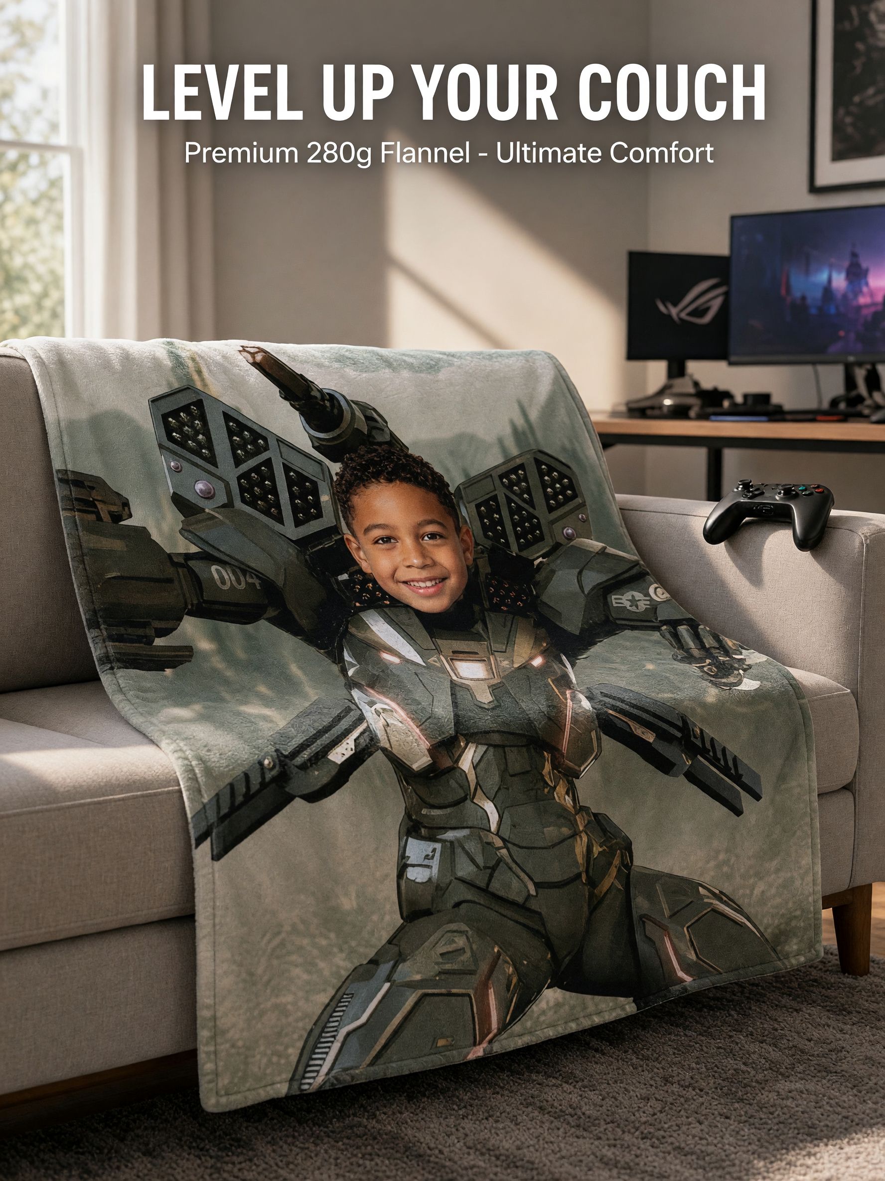 Custom Photo Mech Armor Hero Flannel Blanket Personalized Face Fleece Throw for Kids Bedroom Couch Cozy Warm Keepsake
