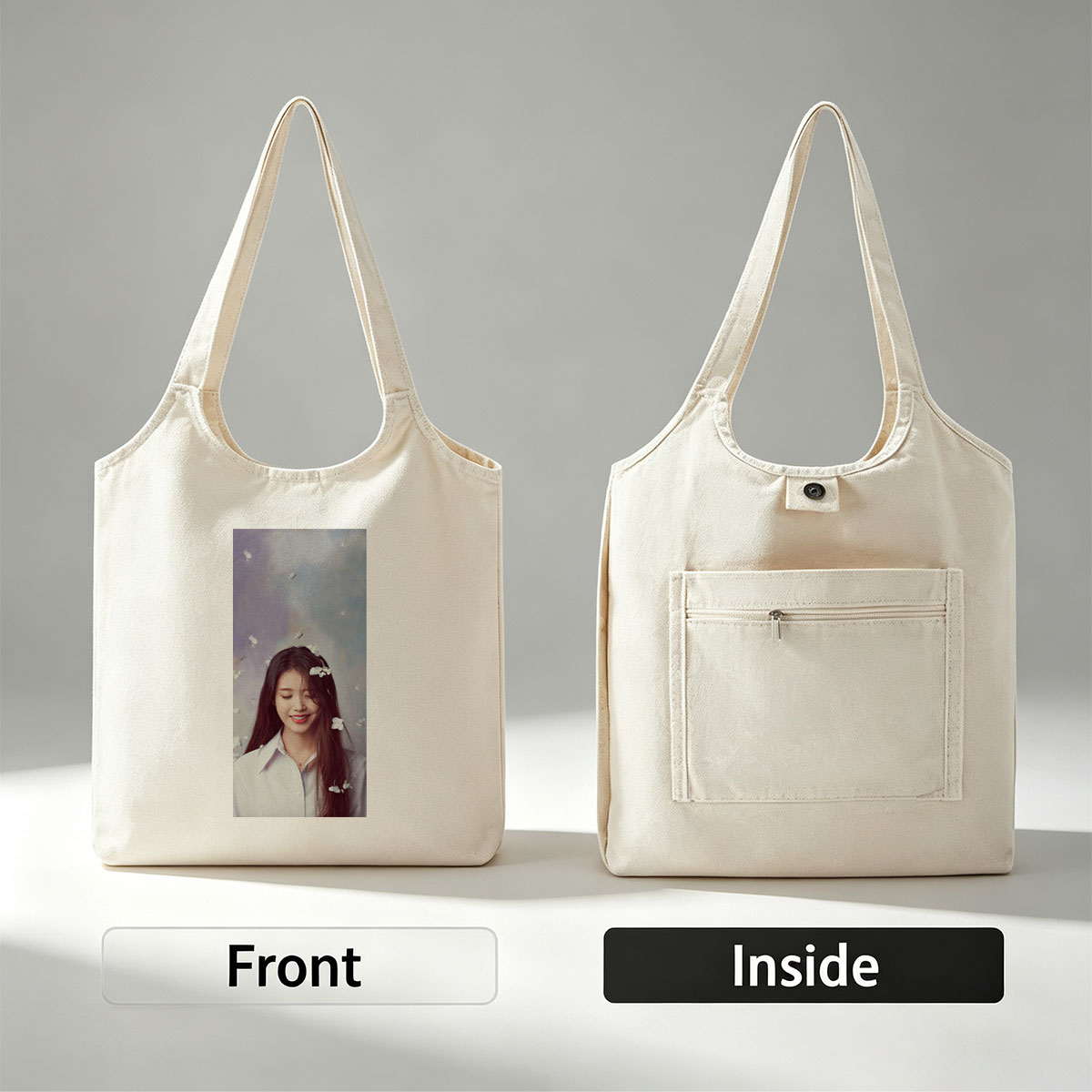IU in a Dreamy Floral Scene with White Flowers Floating Around Her - Canvas shoulder bags/