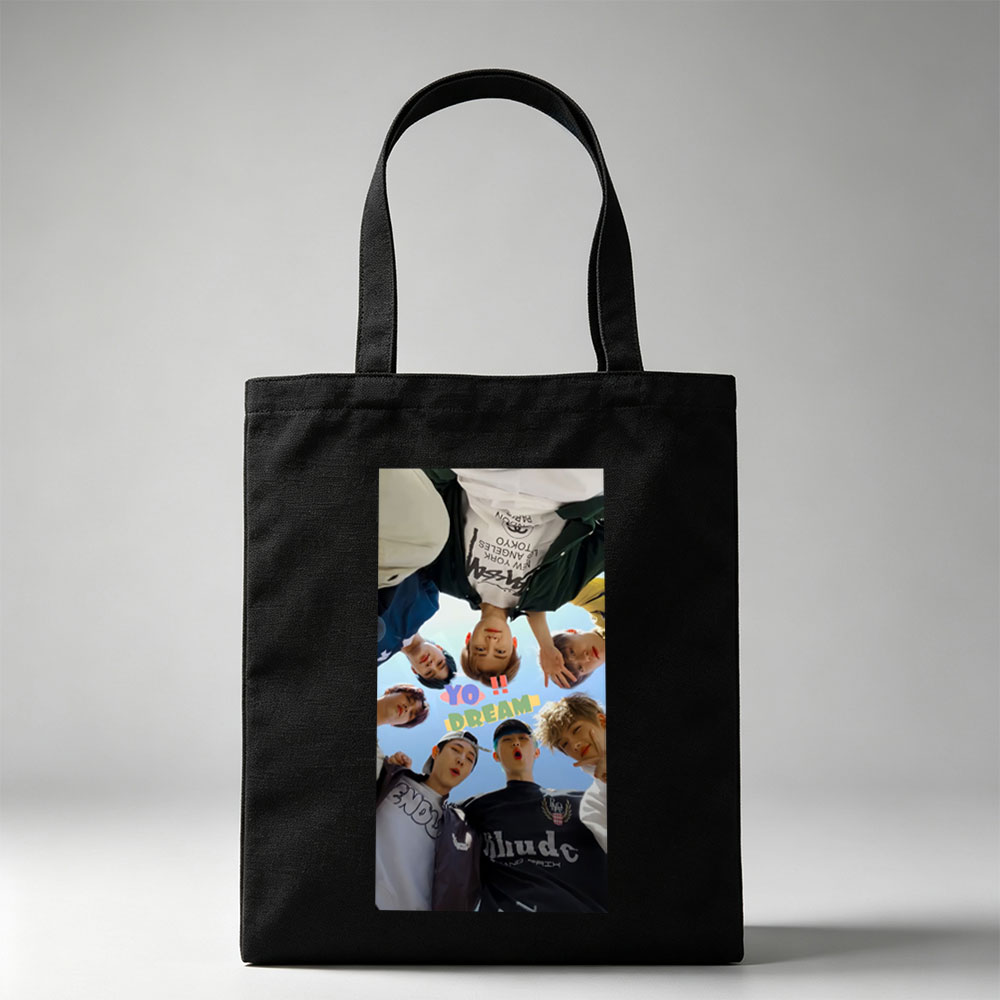 YOASOBI Dream Team Members in a Circular Pose Under Blue Sky - Canvas tote bags