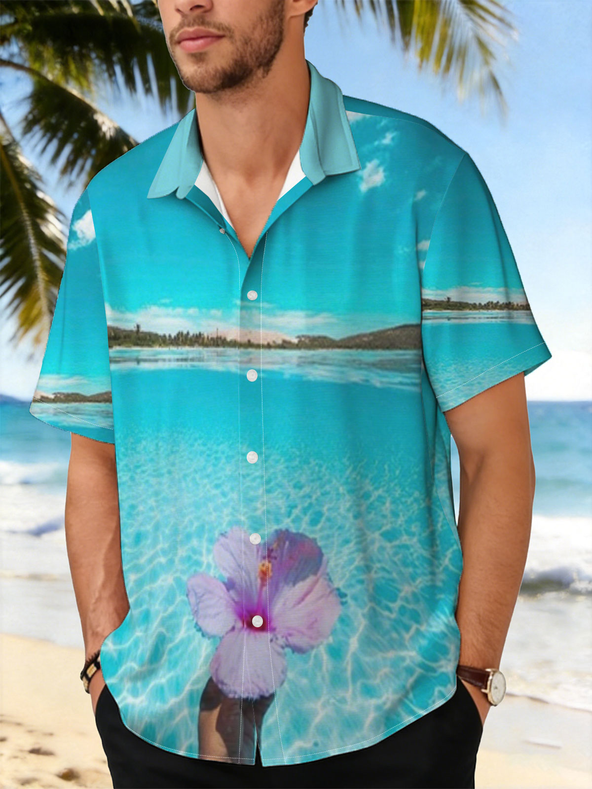 Hand holding a pink hibiscus flower over crystal-clear turquoise water under a bright blue sky. -  Shirt