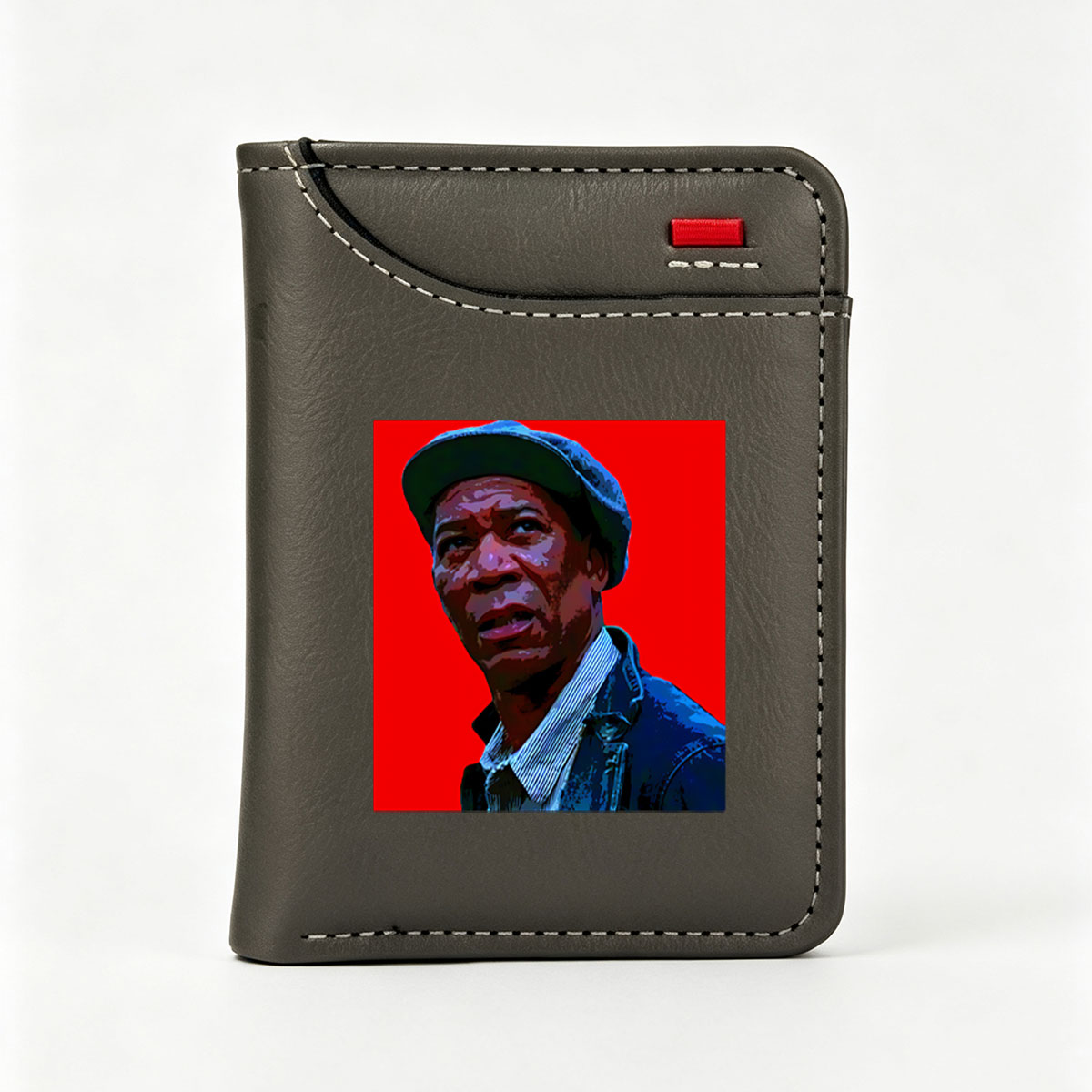Morgan Freeman in a blue cap and jacket against a red background - Vertical Style Wallet
