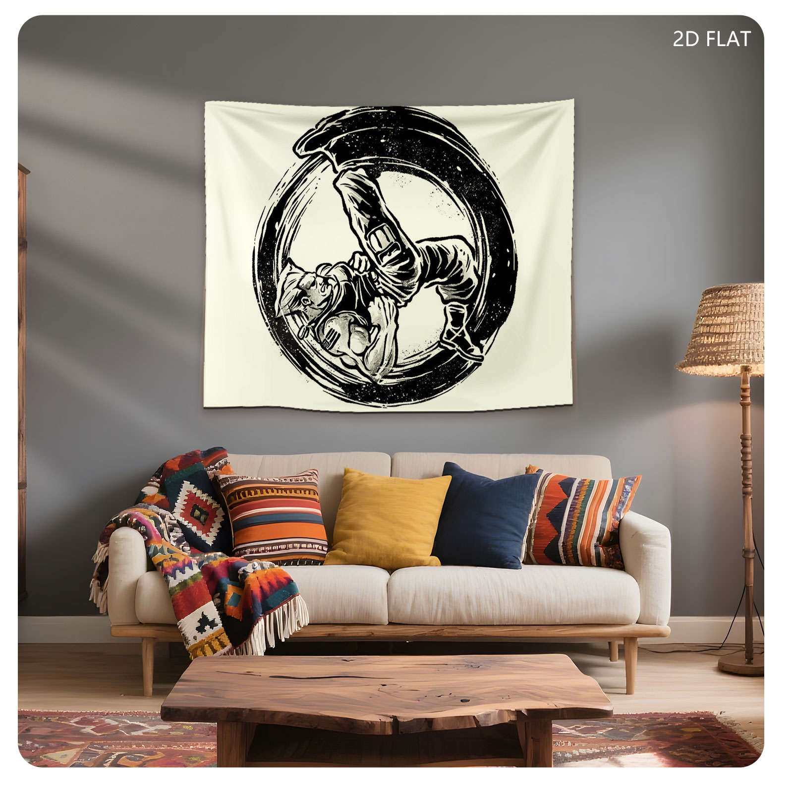 Samurai Warrior in Dynamic Combat Pose within Circular Frame - Tapestry