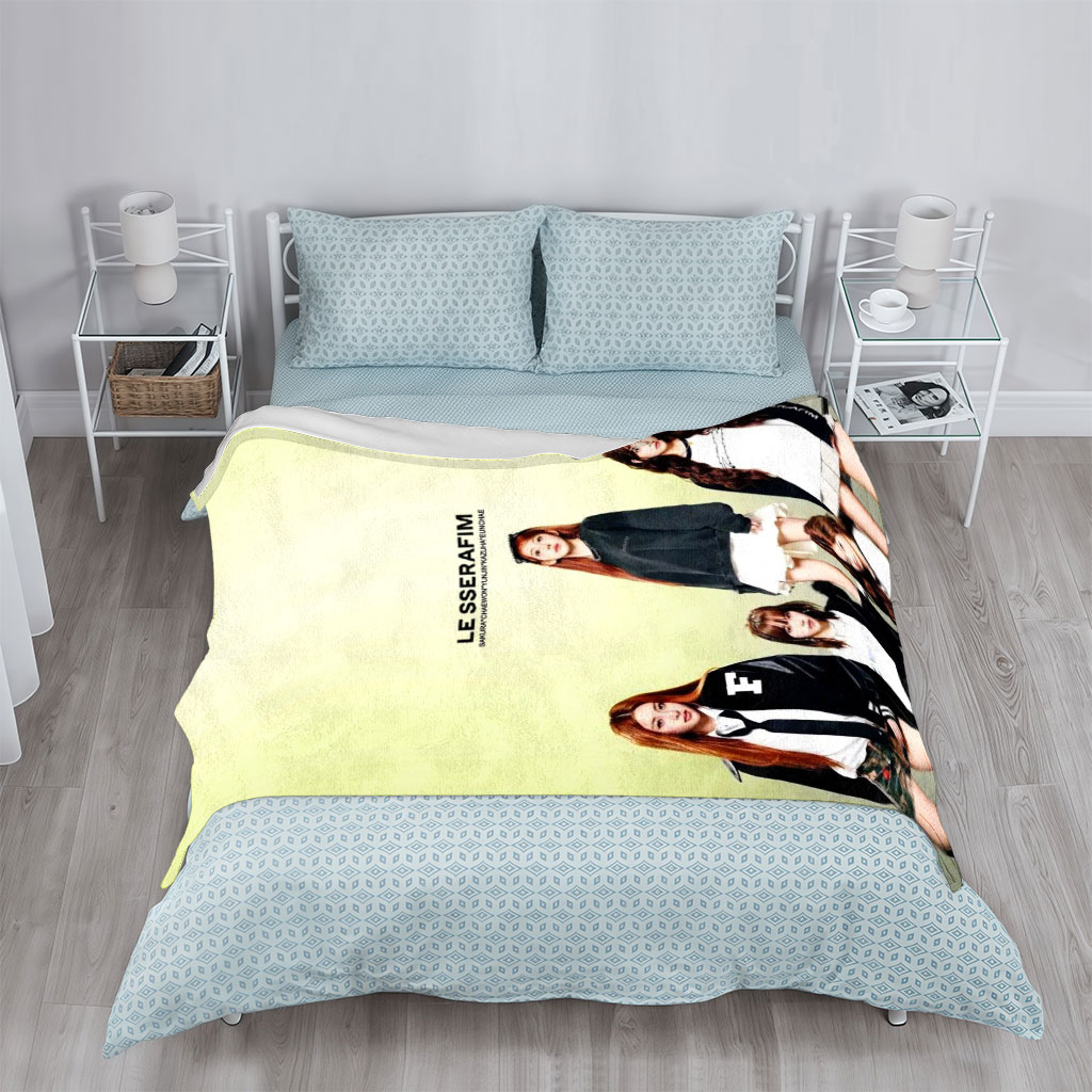 LE SSERAFIM Group Photo in School-Inspired Outfits on a Bright Green Background - Blankets