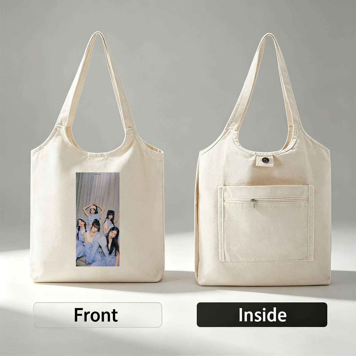 NewJeans Group Photo in Coordinated Blue Outfits Posing Together Against Gray Backdrop - Canvas shoulder bags/