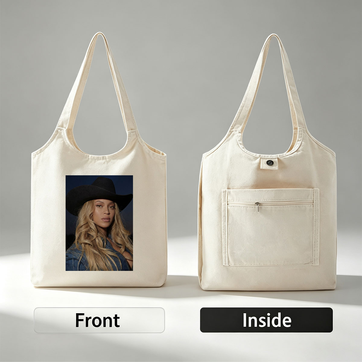 Beyonce in Cowboy Hat and Denim Jacket Against Dark Sky Background - Canvas shoulder bags/