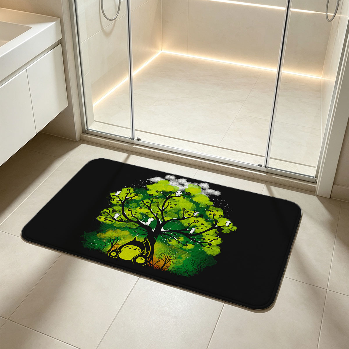 Totoro and Kodama in the Enchanted Forest - Flannel floor mat