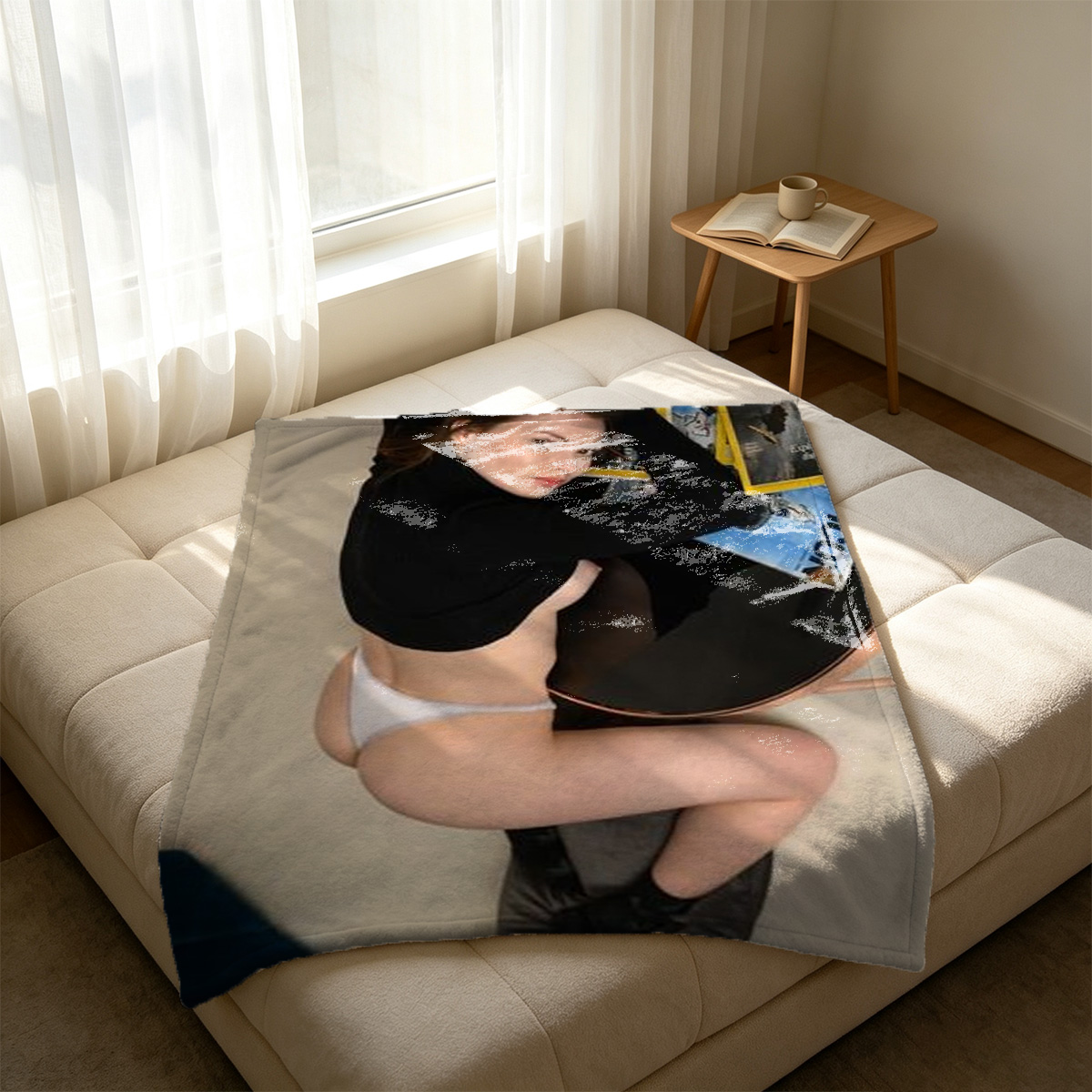A young Asian woman in a white lace strapless bra lying on a bed. - Blanket
