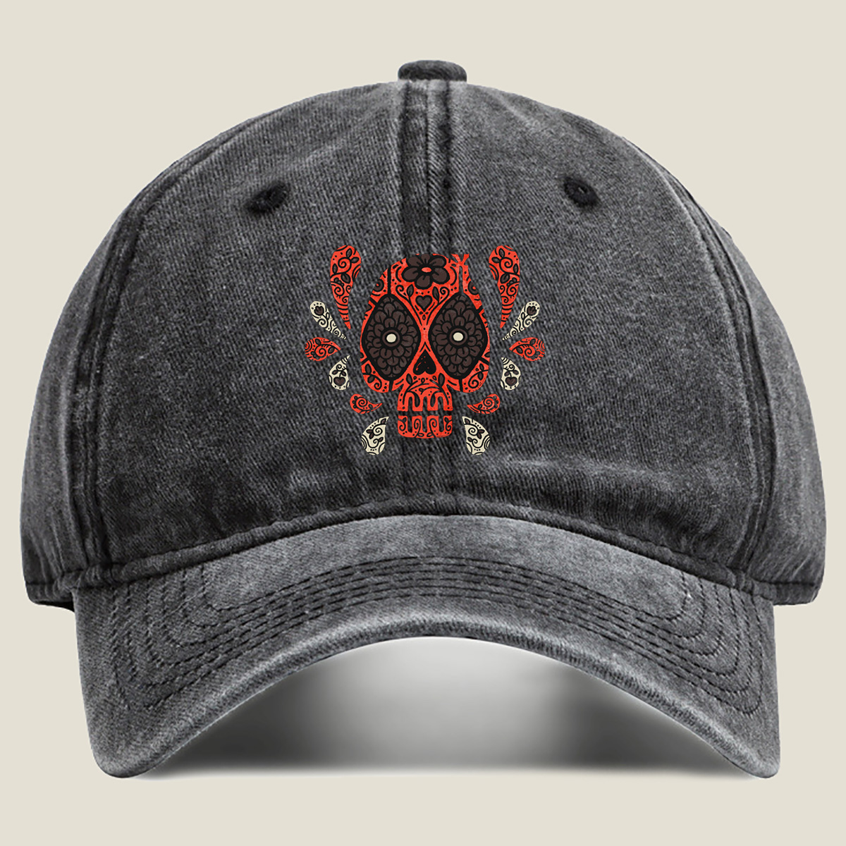 Day of the Dead Sugar Skull Design - Washed Denim - Baseball Cap