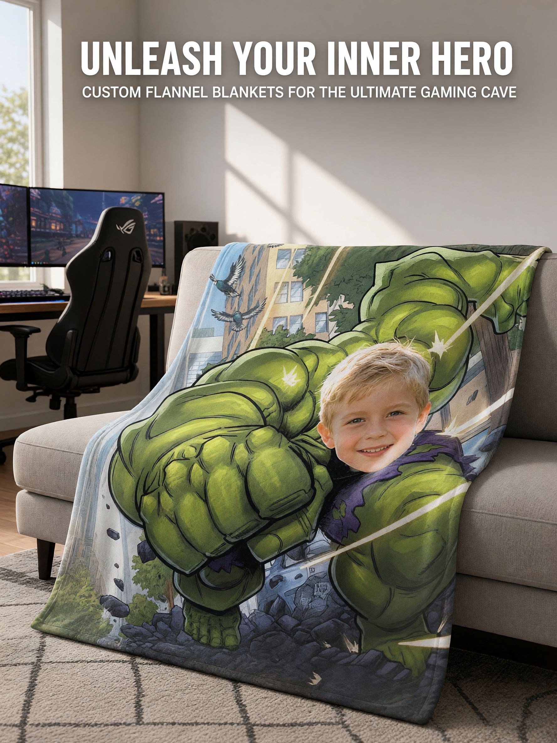 Custom Face Superhero Blanket, Personalized Green Hero Comic Photo Flannel Throw for Kids, Ideal Cozy Gift