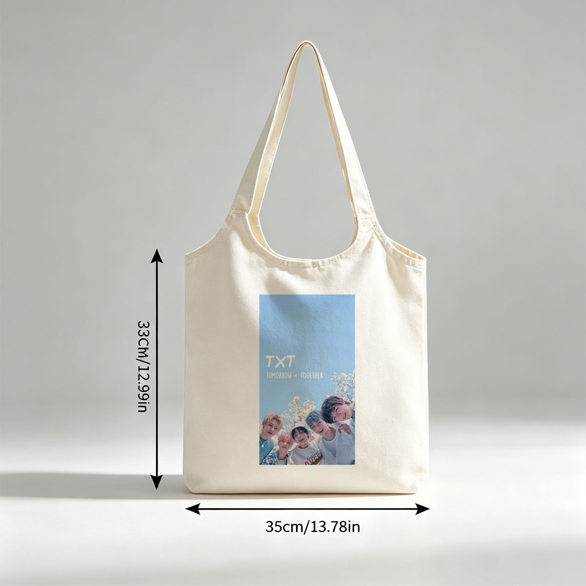 TXT Tomorrow x Together Members in a Spring Cherry Blossom Scene Under a Clear Blue Sky - Canvas shoulder bags/