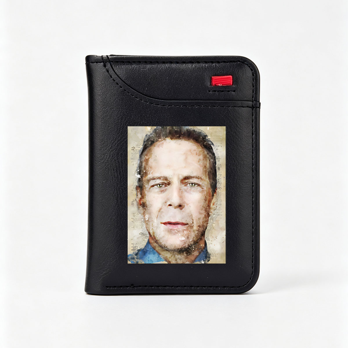 Portrait of a man with artistic watercolor effect and text background - Vertical Style Wallet