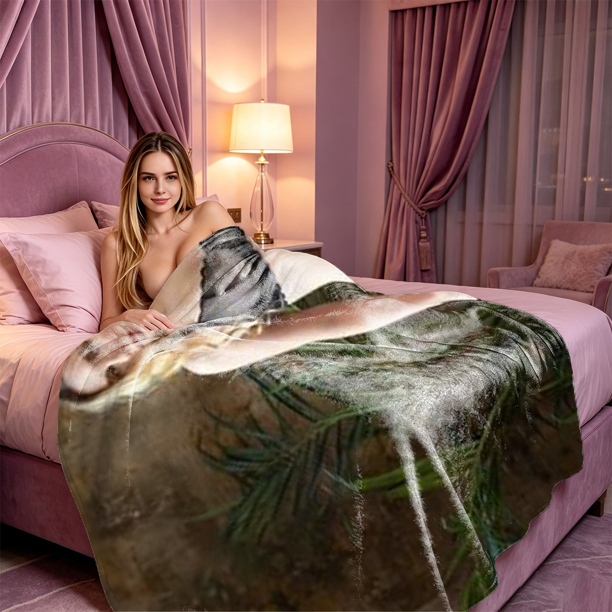 Two nude women embracing on outdoor daybed - Blanket