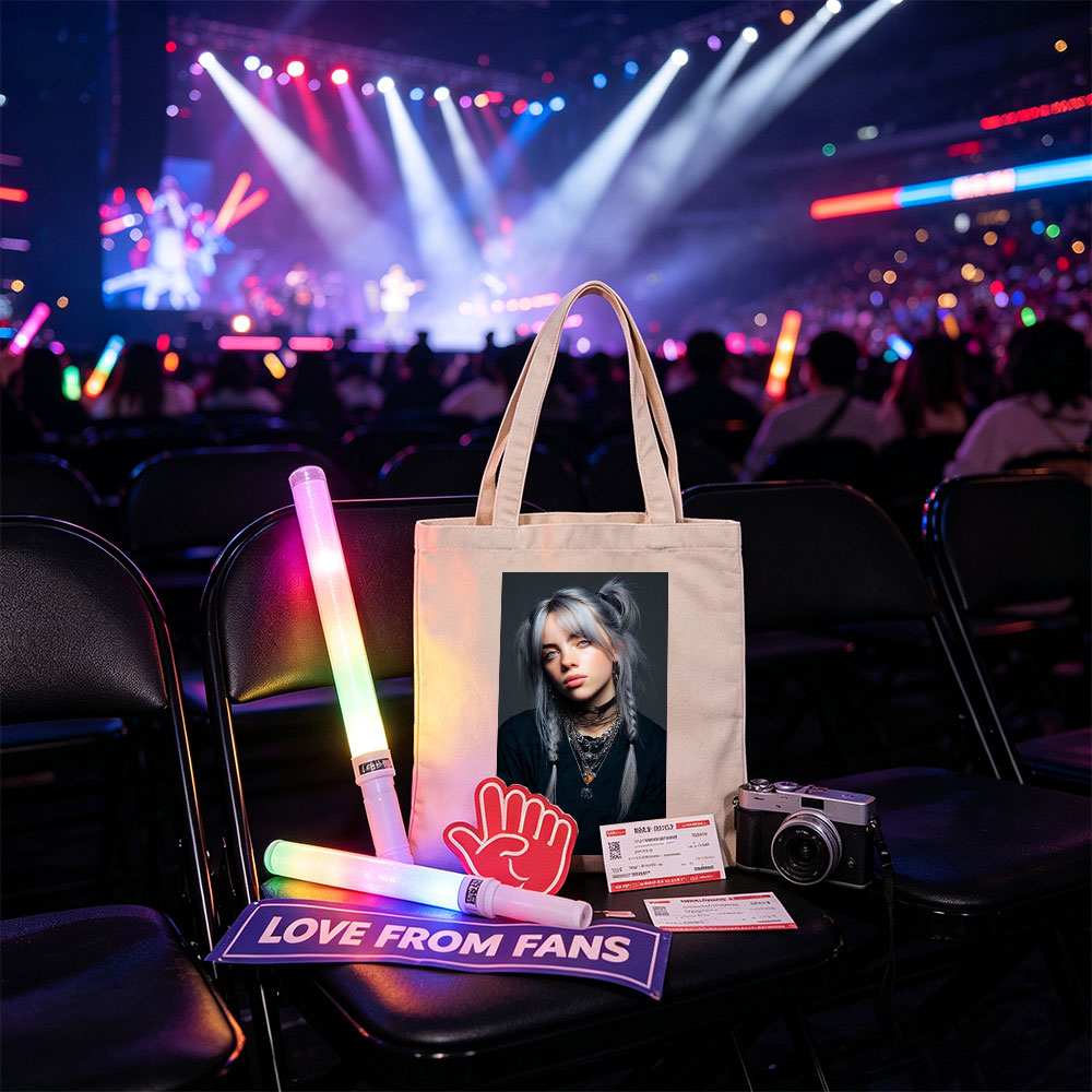 Billie Eilish in a striking portrait with silver hair styled in braids, wearing layered necklaces and a black top against a dark background. - Canvas tote bags