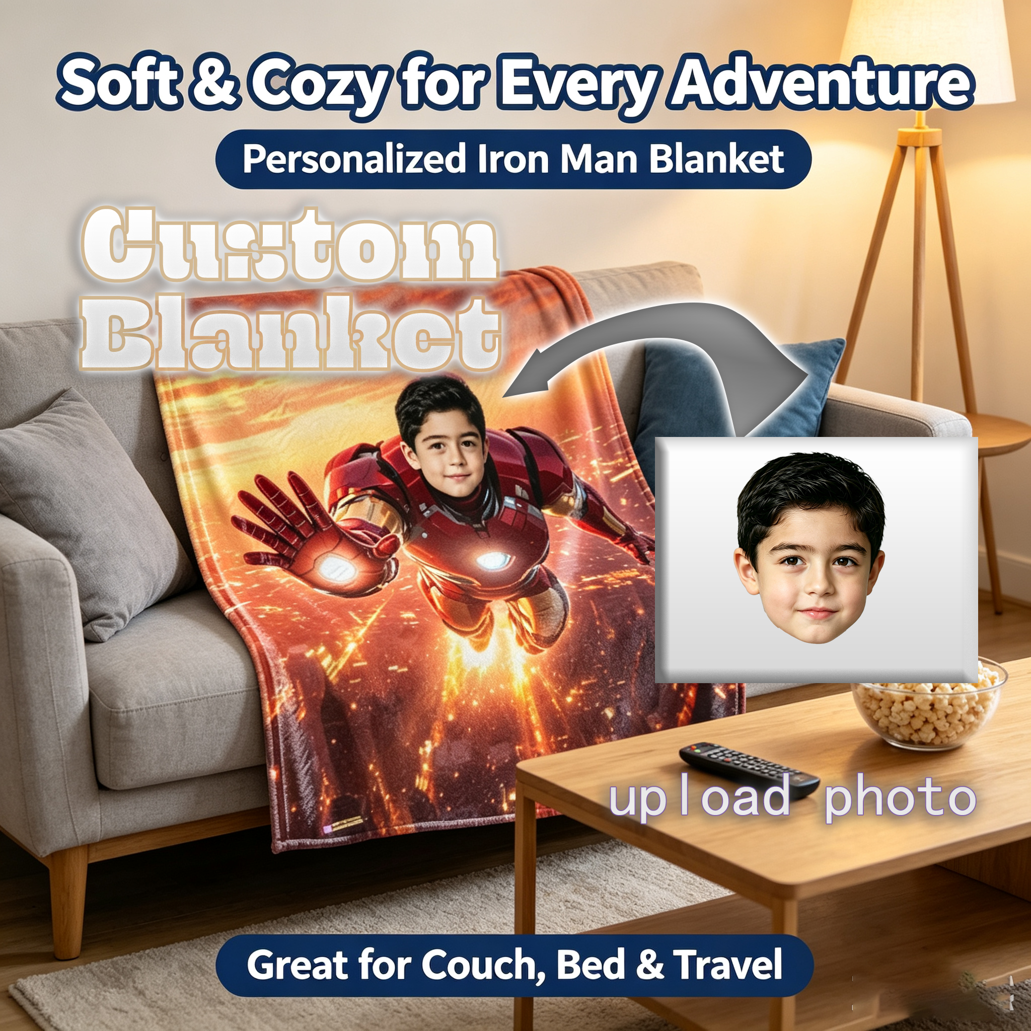 Custom Face Iron Man Flannel Throw Blanket, Personalized Superhero Blanket for Boys, Upload Your Photo Customized Kids Blanket, Unique Birthday Holiday Gift, Soft Warm Lightweight Blanket for Bedroom Play Tent Sofa Travel