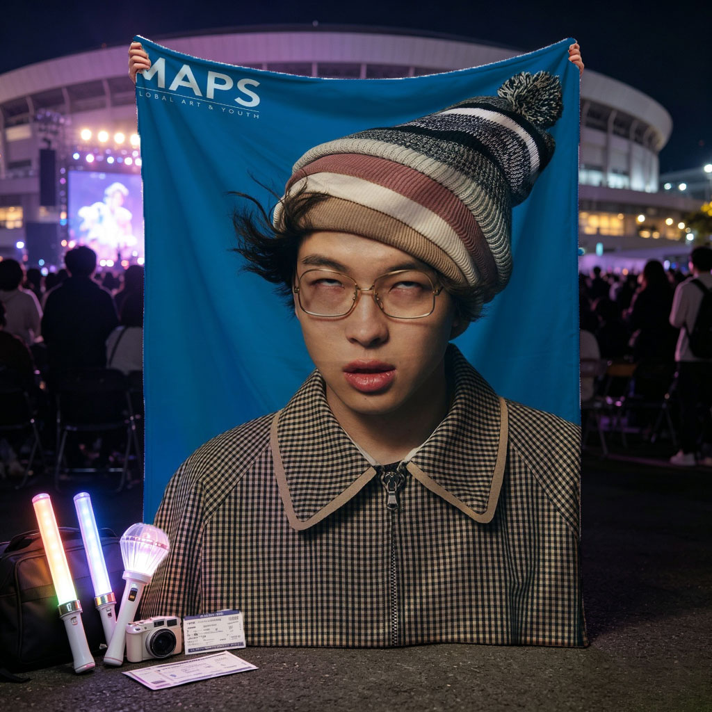 BTS Jungkook in a Stylish Winter Look with Beanie and Checkered Jacket on Blue Background - Blankets