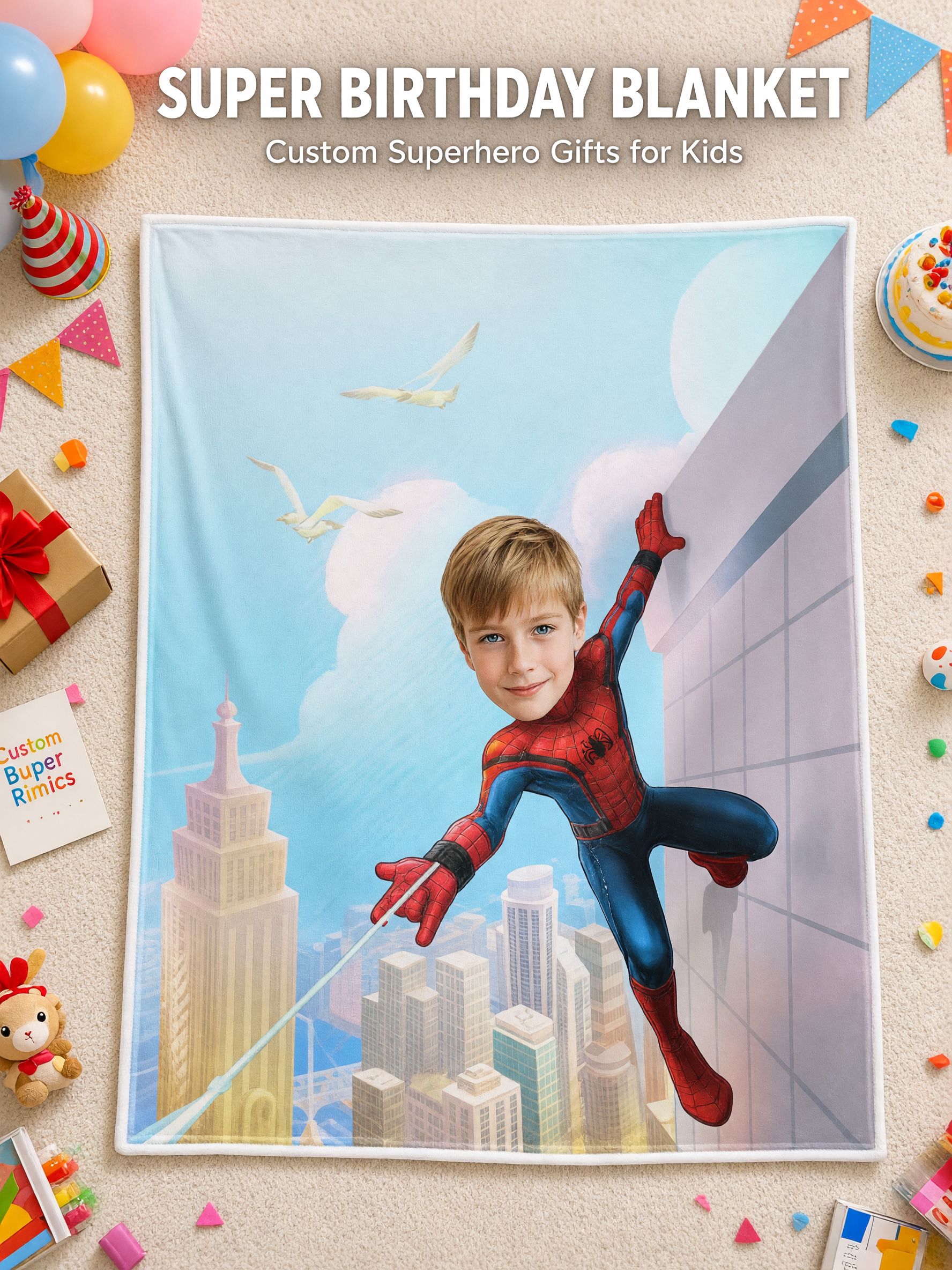 Custom Photo Superhero Flannel Fleece Blanket Personalized Face Portrait Throw for Kids Bedroom Gift