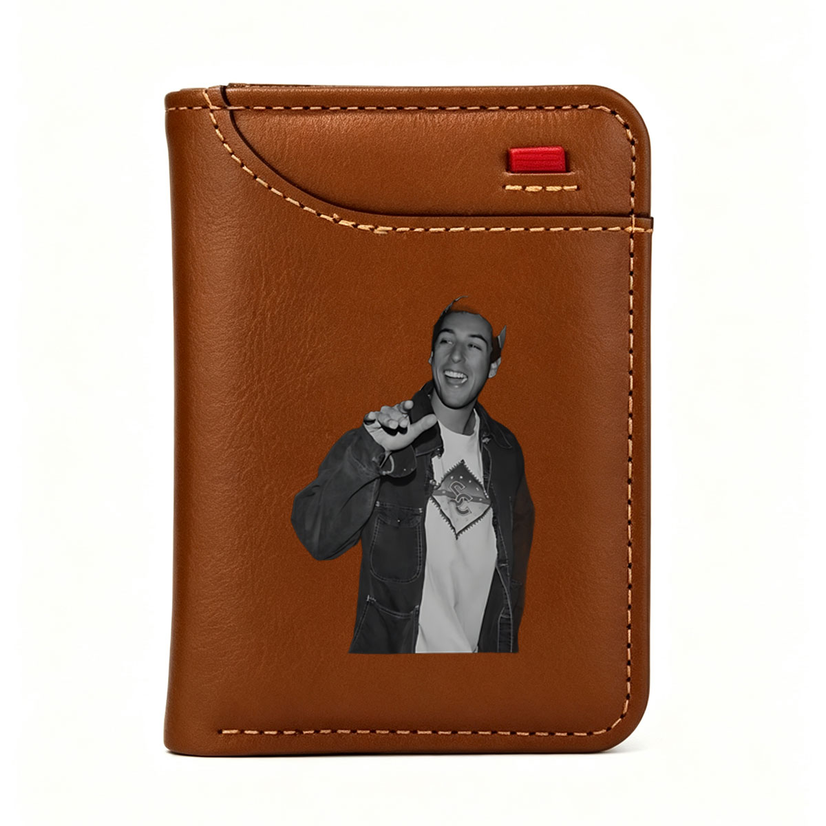 Man in Denim Jacket and T-Shirt Smiling with Hand Gesture - Vertical Style Wallet