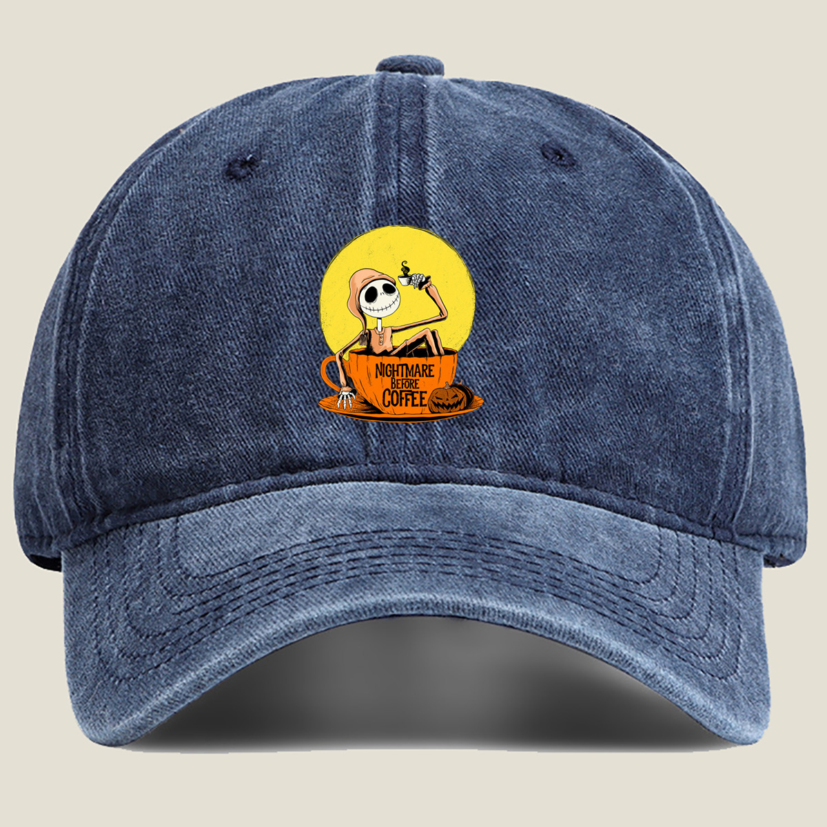 Jack Skellington in Coffee Cup - Nightmare Before Coffee - Washed Denim - Baseball Cap