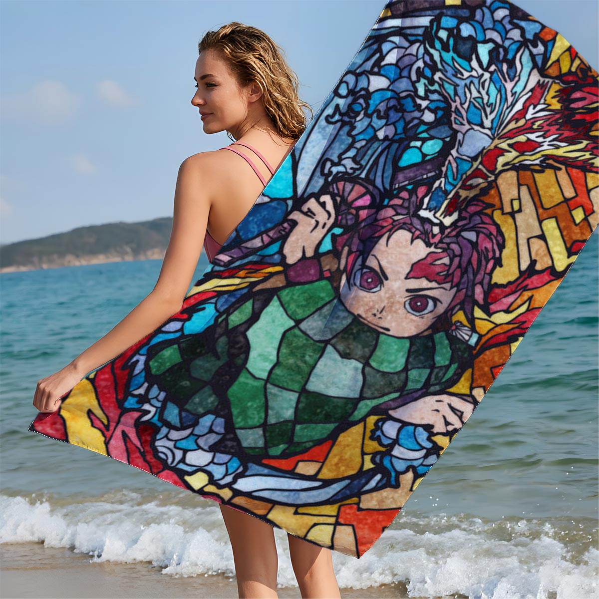 Demon Slayer Tanjiro Kamado Stained Glass Art - Beach towels