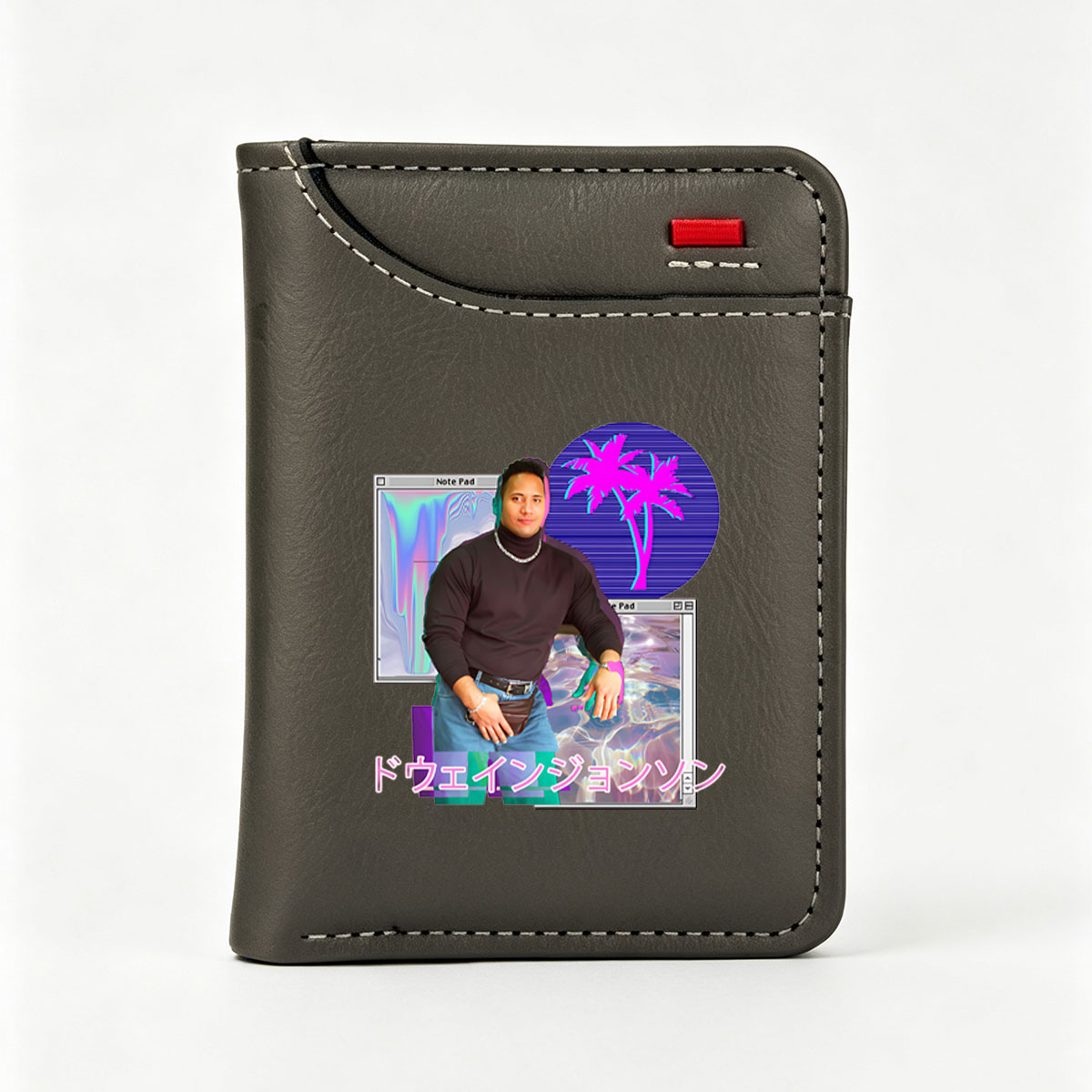 Dwayne Johnson in a Retro Digital Art Collage with Neon Palm Tree and Note Pad Background - Vertical Style Wallet