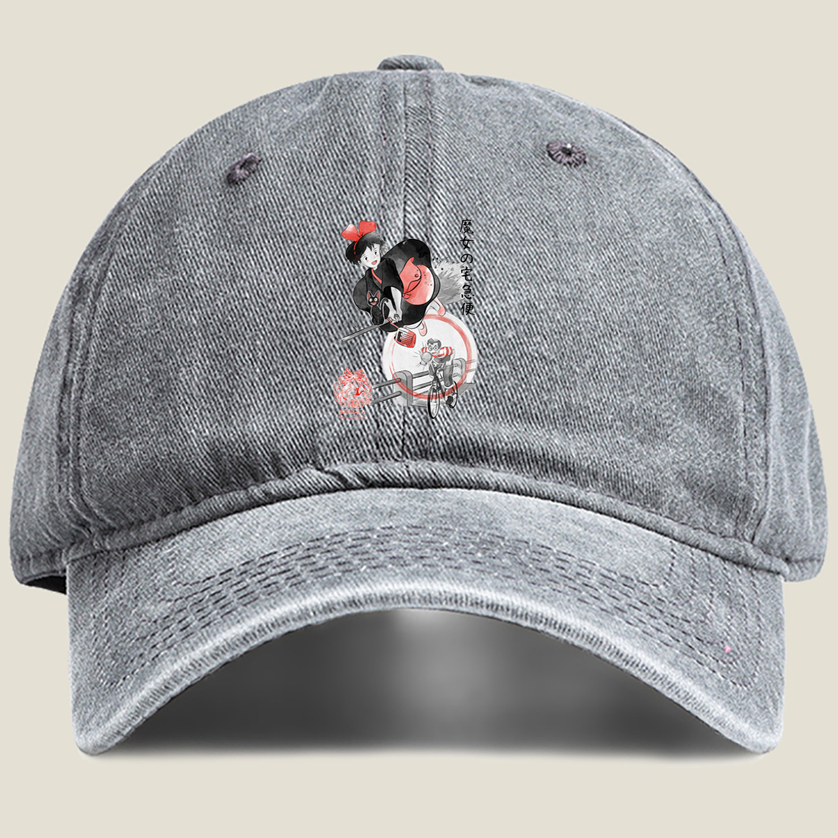 Kiki's Delivery Service: Kiki and Jiji on Broomstick with Delivery Man - Washed Denim - Baseball Cap