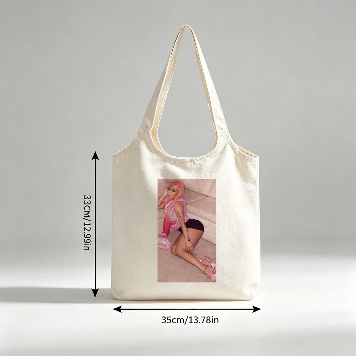 Nicki Minaj Sitting on Couch in Pink Outfit with Matching Accessories - Canvas shoulder bags/