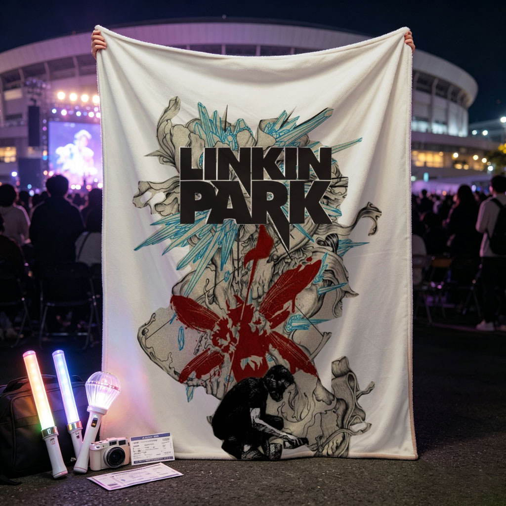 Linkin Park Band Artwork Featuring Abstract Design with Red and Blue Elements and a Figure in Contemplation - Blankets