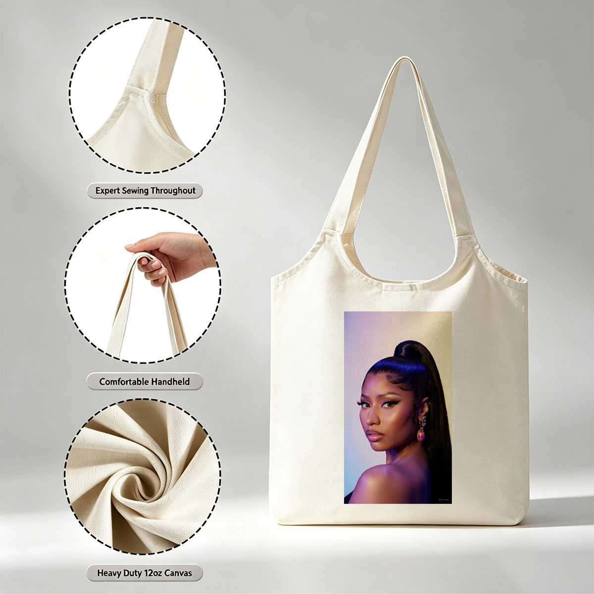 Nicki Minaj in a Stunning Portrait with Bold Makeup and High Ponytail Under Purple Lighting - Canvas shoulder bags/