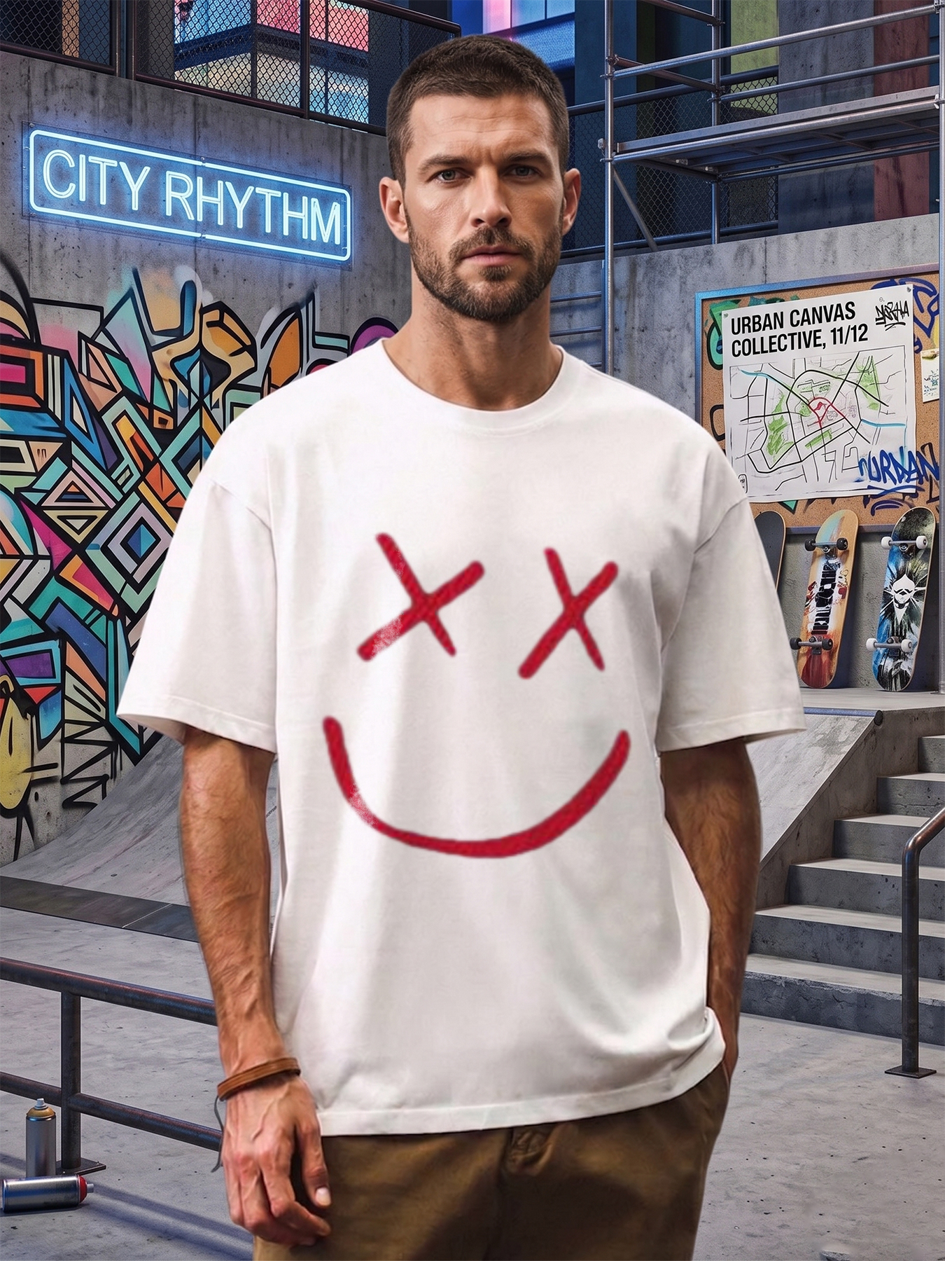 Men's Printed T-Shirt with Red X Eyes Smiley Face Design Casual Round Neck Summer Lightweight Breathable Short Sleeve T-Shirt for Everyday Wear, Streetwear, and Outdoor Activities - Suitable for Teenagers and Young Adults