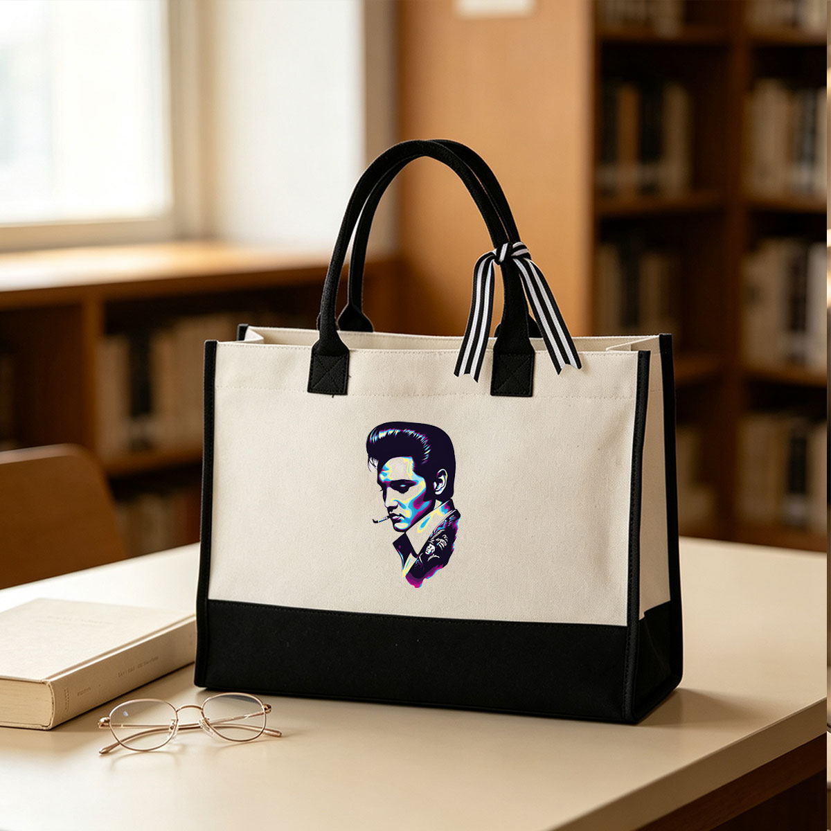 Elvis Presley in Psychedelic Art Style - Canvas patchwork gift tote bag