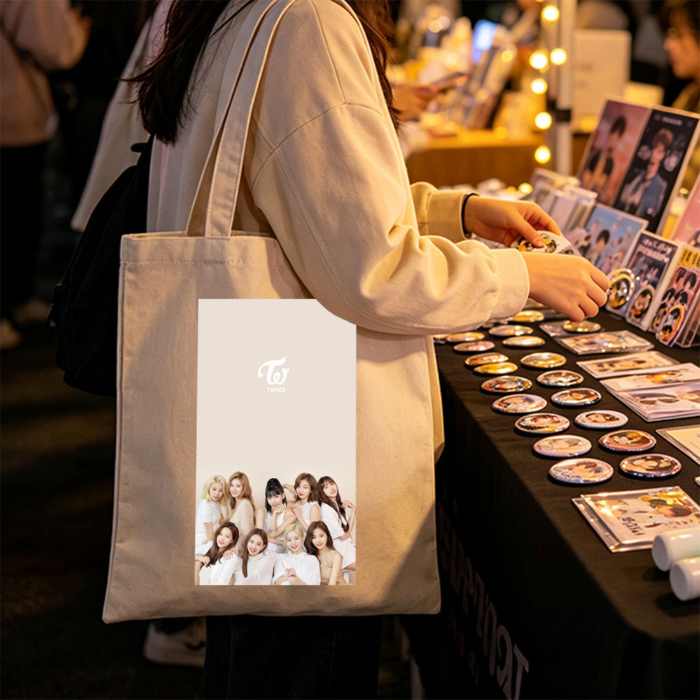 TWICE Group Photo in White Outfits on Beige Background - Canvas tote bags