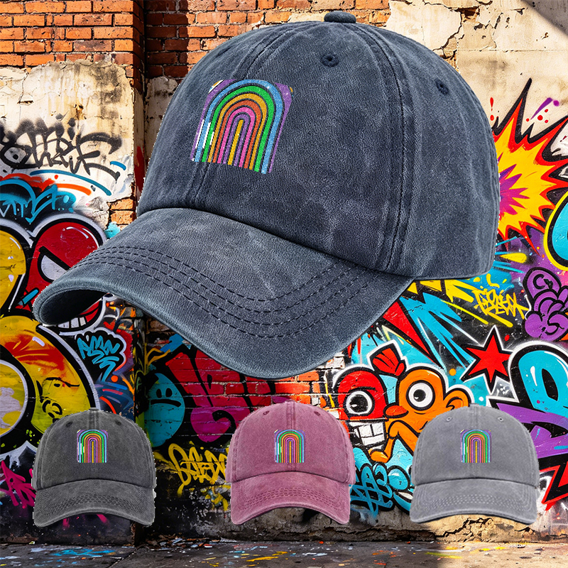 Men's Printed Washed Cap Rainbow Glitter Pattern Casual Round Brim Summer Lightweight Hat for Outdoor Activities and Streetwear Fashion Adults