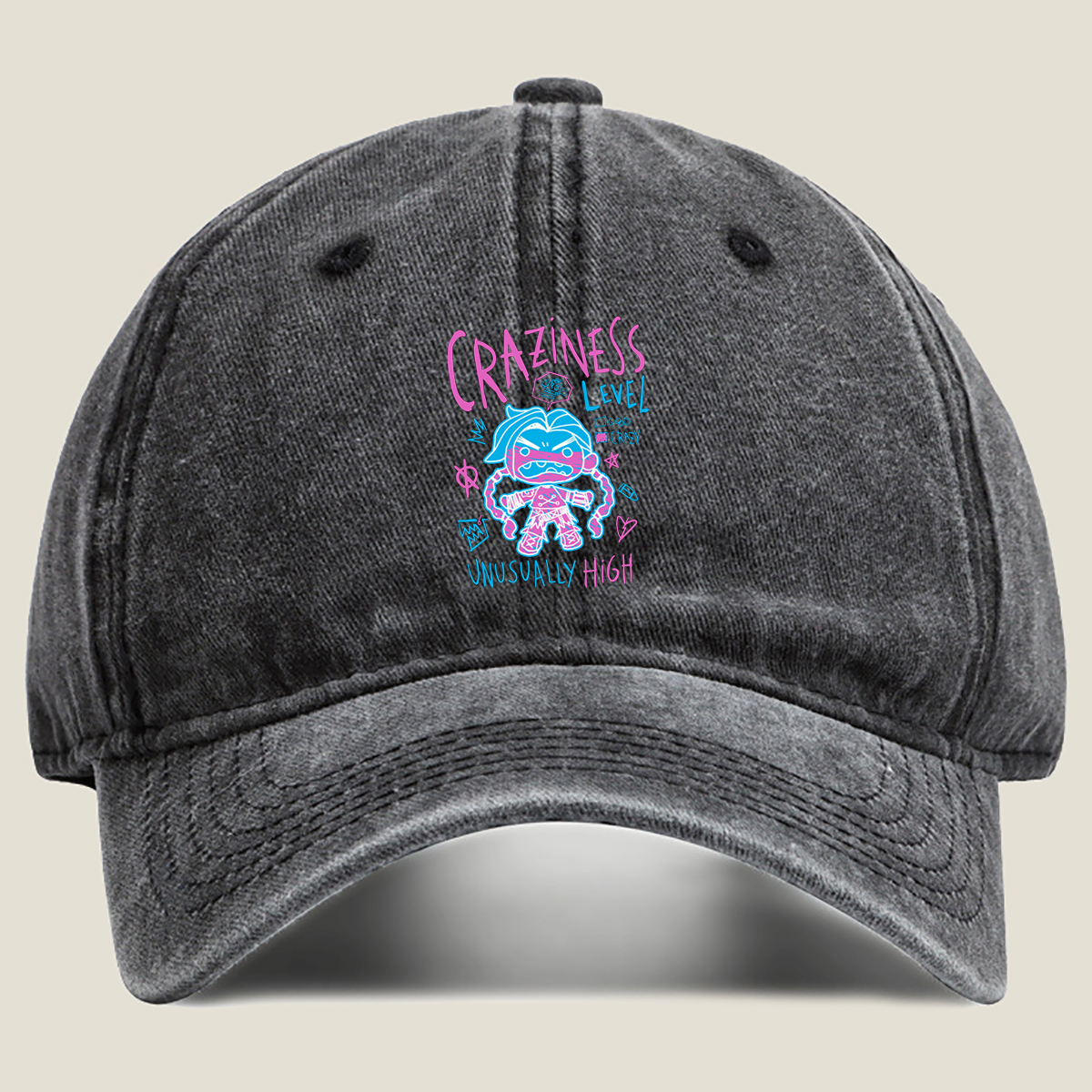 Craziness Level: Unusually High - Blue Character with Pink Accents - Washed Denim - Baseball Cap