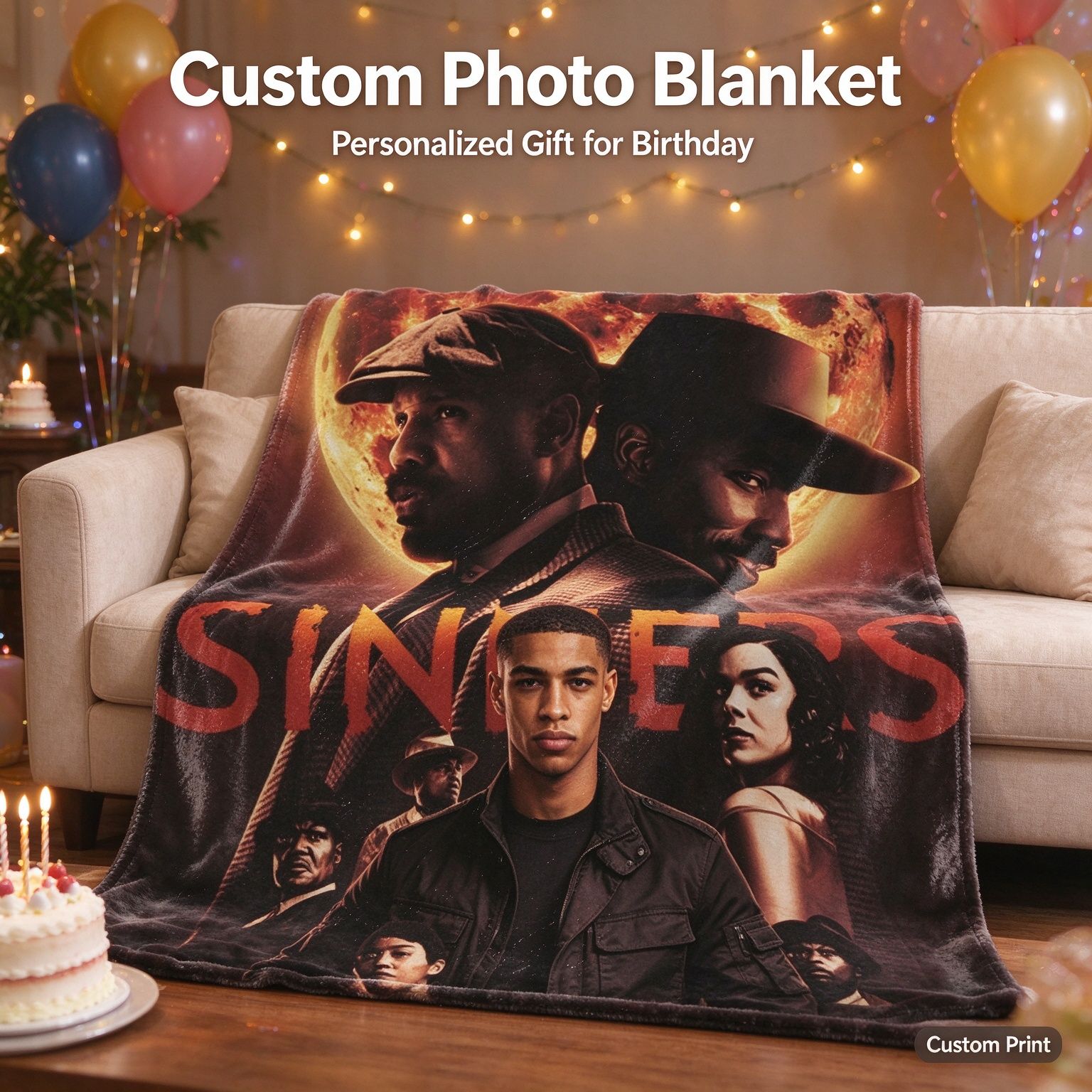 Custom Photo Flannel Throw Blanket Personalized Face Print Fleece Cover for Couch Sofa Bed Cozy Commemorative Gift