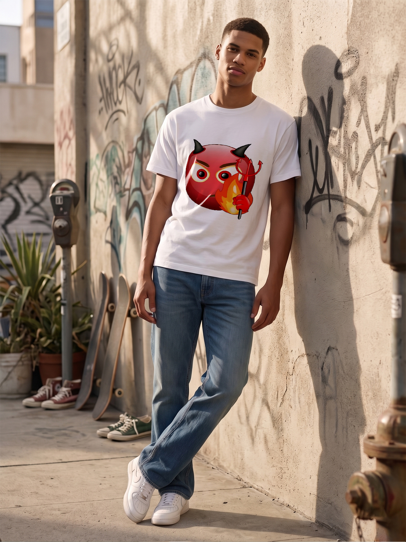 Men's Devil Emoji Print T-Shirt with Horns and Trident Flame Design Casual Round Neck Summer Lightweight Breathable Short Sleeve Tee for Fun Party Wear, Trendy Streetwear for Young Adults