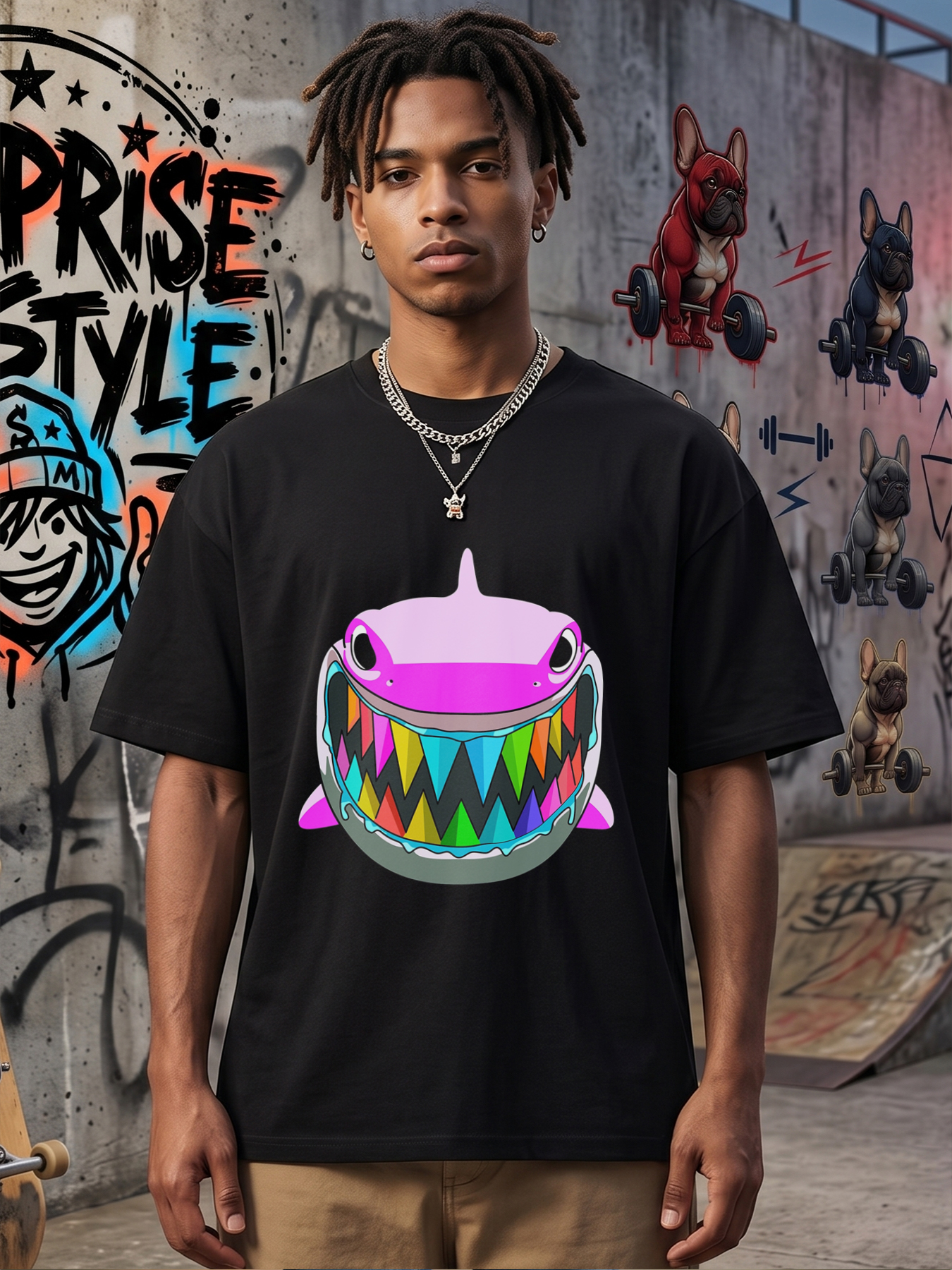 Men's Printed T-Shirt Rainbow Shark Graphic Design Casual Round Neck Summer Lightweight Breathable Short Sleeve T-Shirt for Beach Outdoor Activities Trendy Fashion for Young Adults