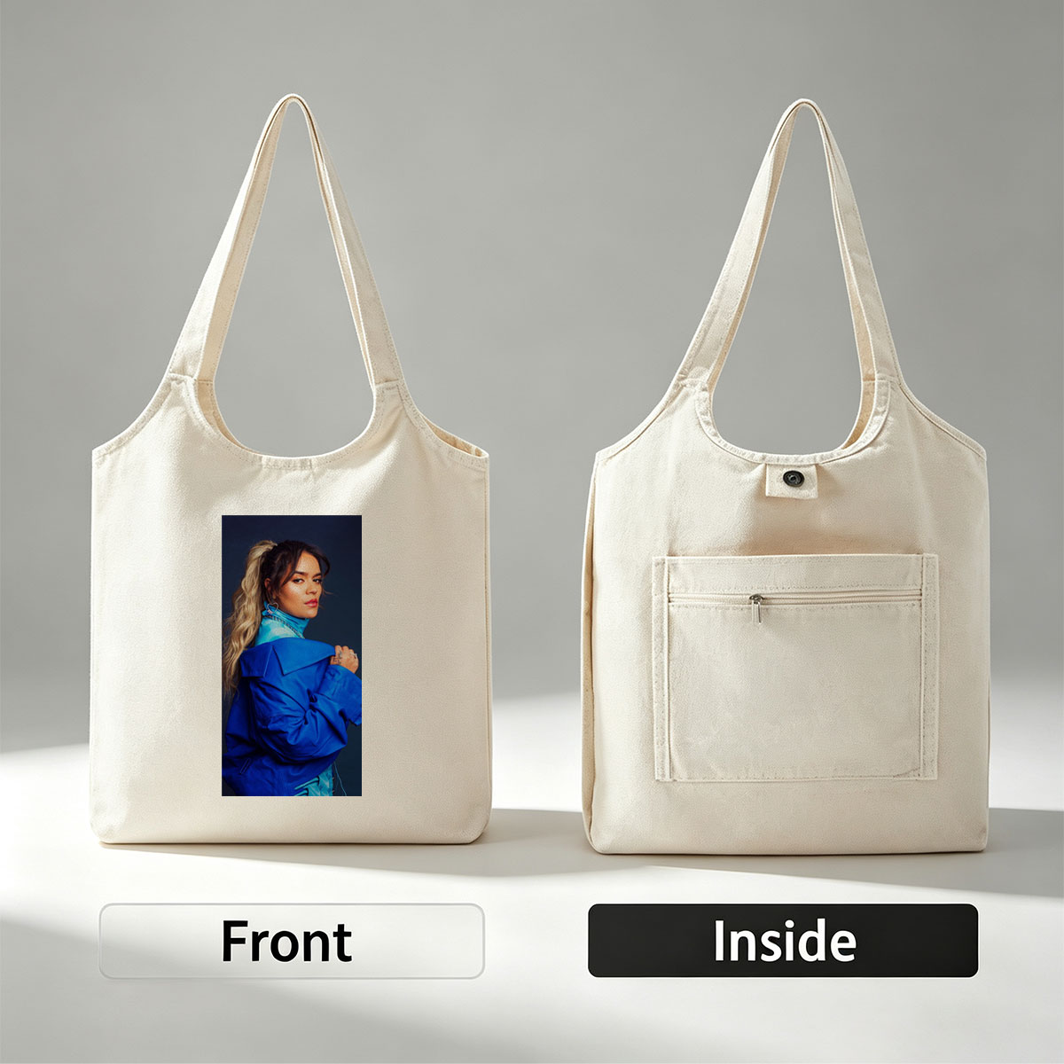 Rita Ora in Bold Blue Fashion Pose Against Dark Background - Canvas shoulder bags/