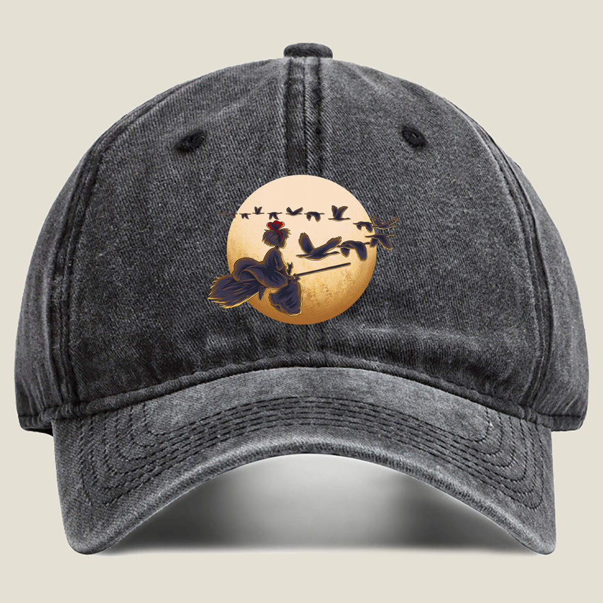 Mulan Flying on a Broomstick with Geese Against the Moon - Washed Denim - Baseball Cap