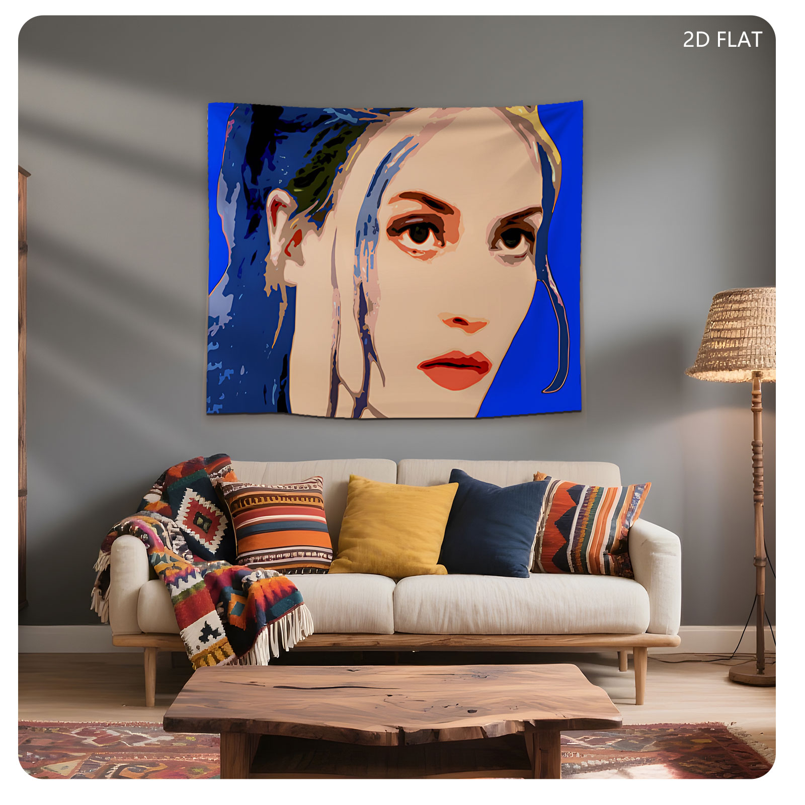 Portrait of a Woman with Blue Hair and Bold Colors - Tapestry