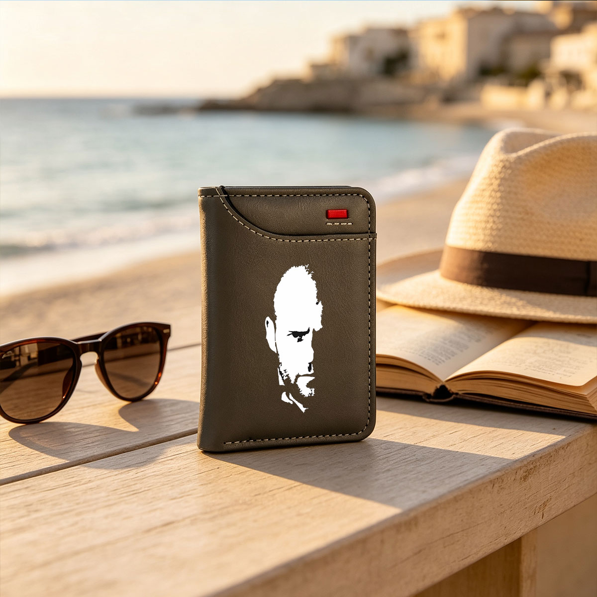 Silhouette of a man with beard and mustache, side profile view - Vertical Style Wallet