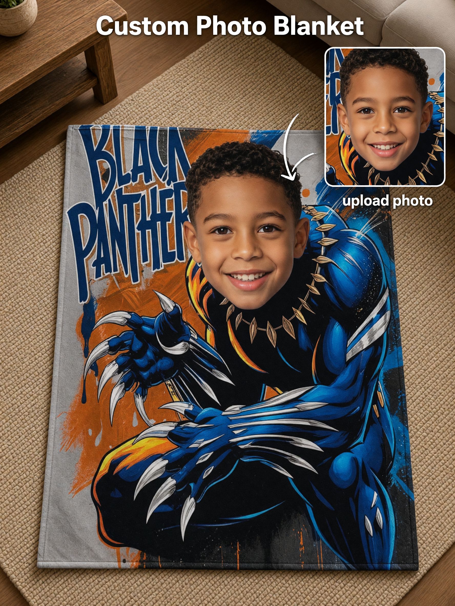Custom Photo Superhero Flannel Fleece Blanket Personalized Face Portrait Bed Throw Cozy Keepsake Gift for Kids