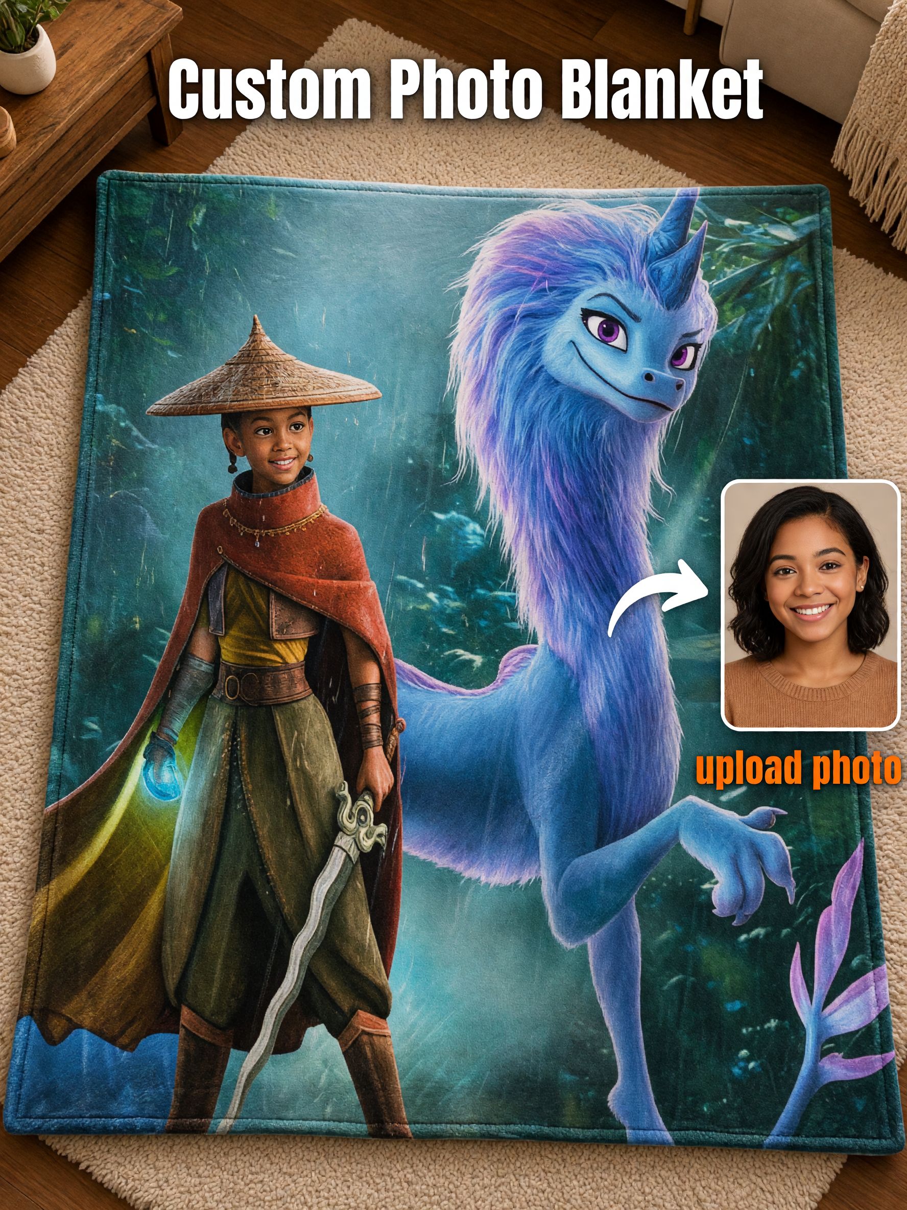 Custom Face Photo Flannel Blanket, Fantasy Dragon Warrior Plush Throw, Ideal Personalized Gift for Kids and Family