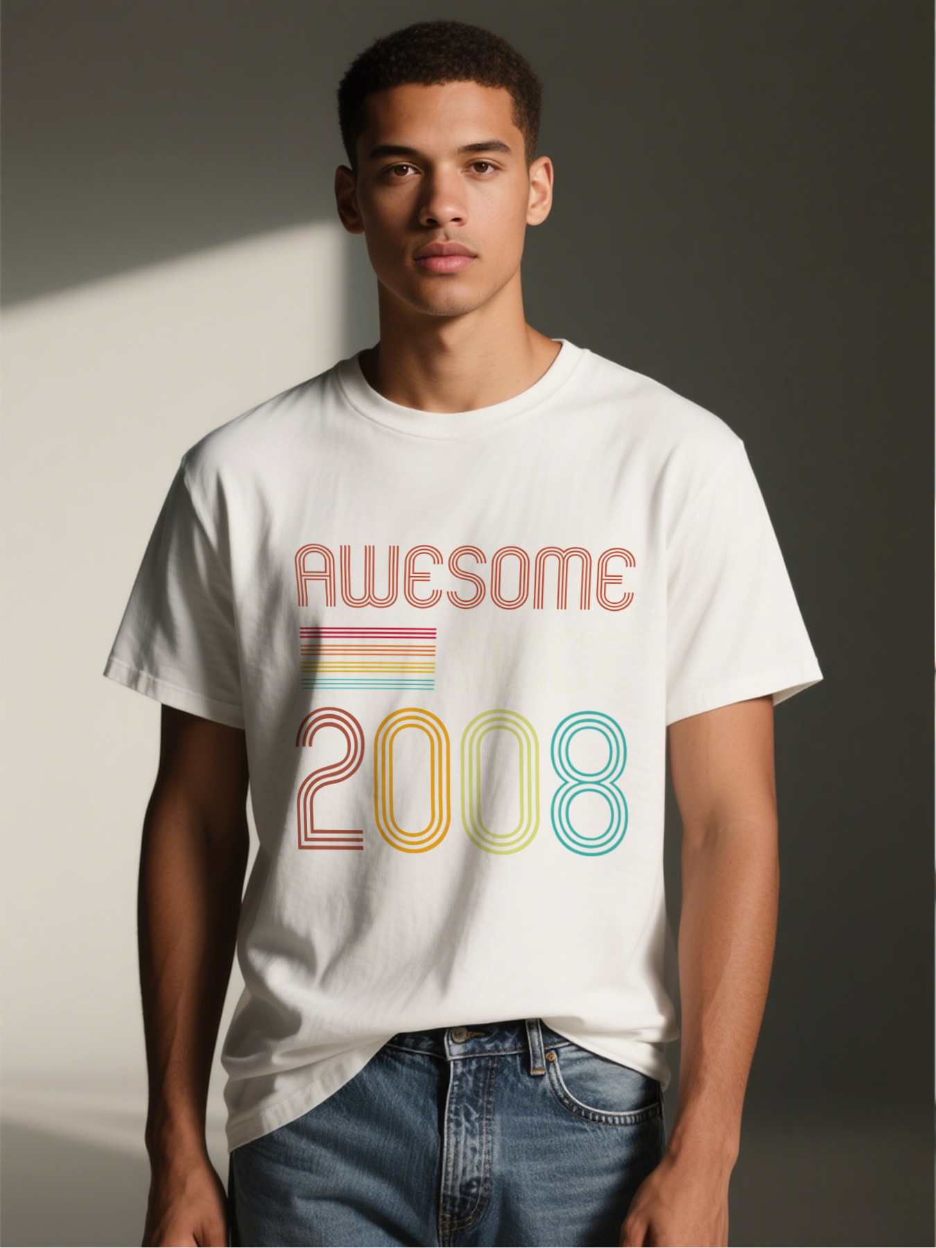 Men's Printed T-Shirt Awesome Since 2008 Retro Rainbow Stripe Design Casual Round Neck Summer Lightweight Breathable Short Sleeve Tee for Everyday Wear, Birthday Gift, Party Outfit, Adult Unisex Style