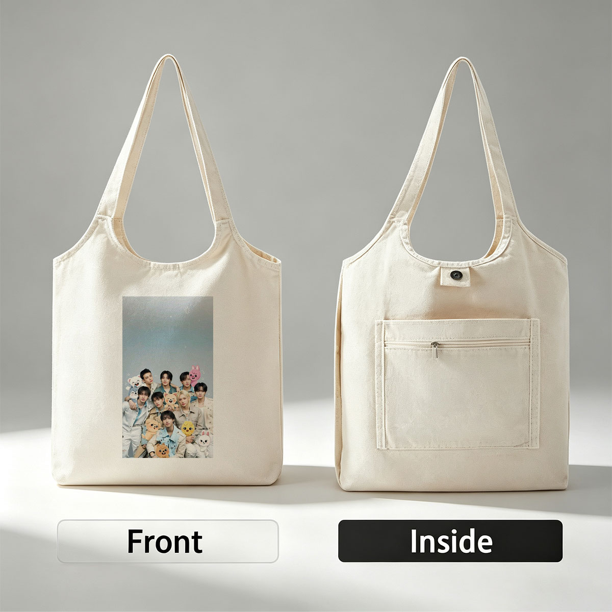 Stray Kids Group Photo with Cute Animal Plushies in a Starry Sky Background - Canvas shoulder bags/
