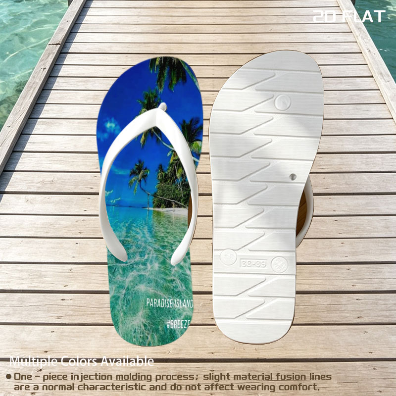Crystal clear waters and swaying palms on a tropical paradise island under a vibrant blue sky. -  flip-flops